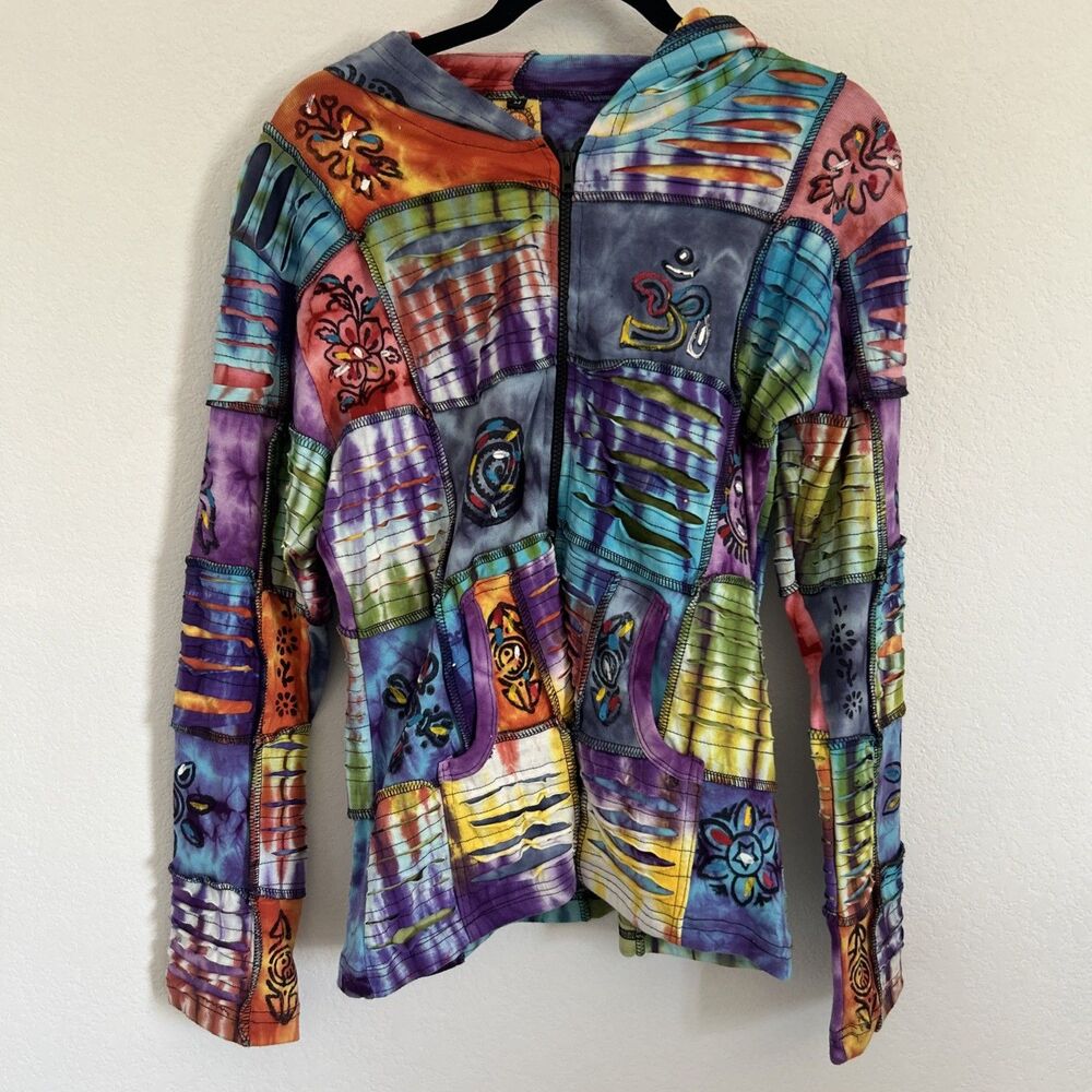 KARMA CIRCLE USA Full Zip Hoodie NWT Colorful  Patchwork Ripped Cotton Top Sz M
